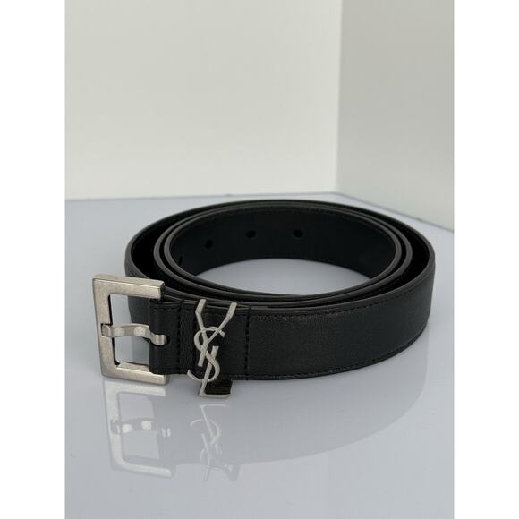 Saint Laurent Black Leather YSL Silver Hardware Women's Belt 75" Length - Picture 1 of 6